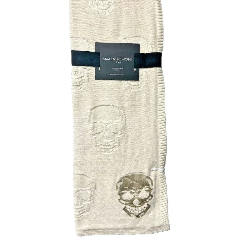 Magaschoni Home Halloween Embossed Skull Throw Blanket Ivory Gold Printed Cotton